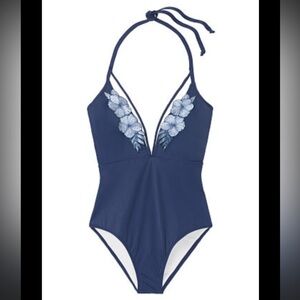 Victoria's Secret Pink Navy Strappy Floral Halter One Piece Swimsuit M